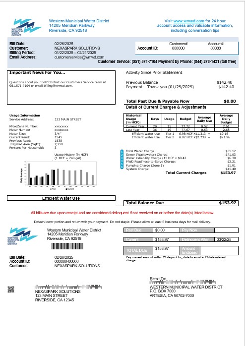 USA Western Municipal Water District business utility bill template in Word and PDF formats